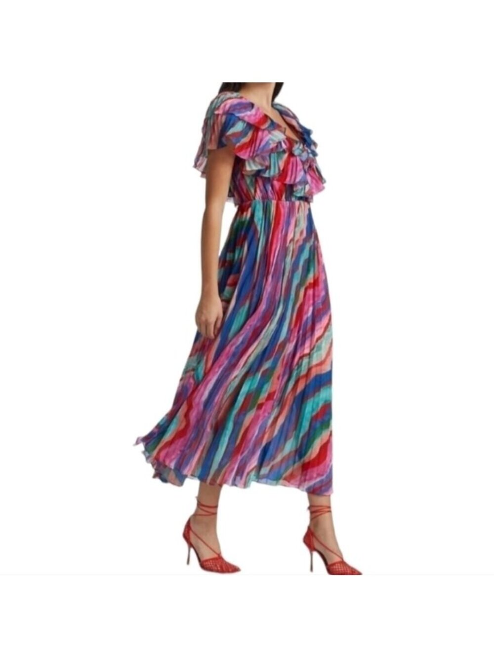 AMUR Luisa Pleated Striped Midi Dress NWT Size 8 Watercolor Ruffle